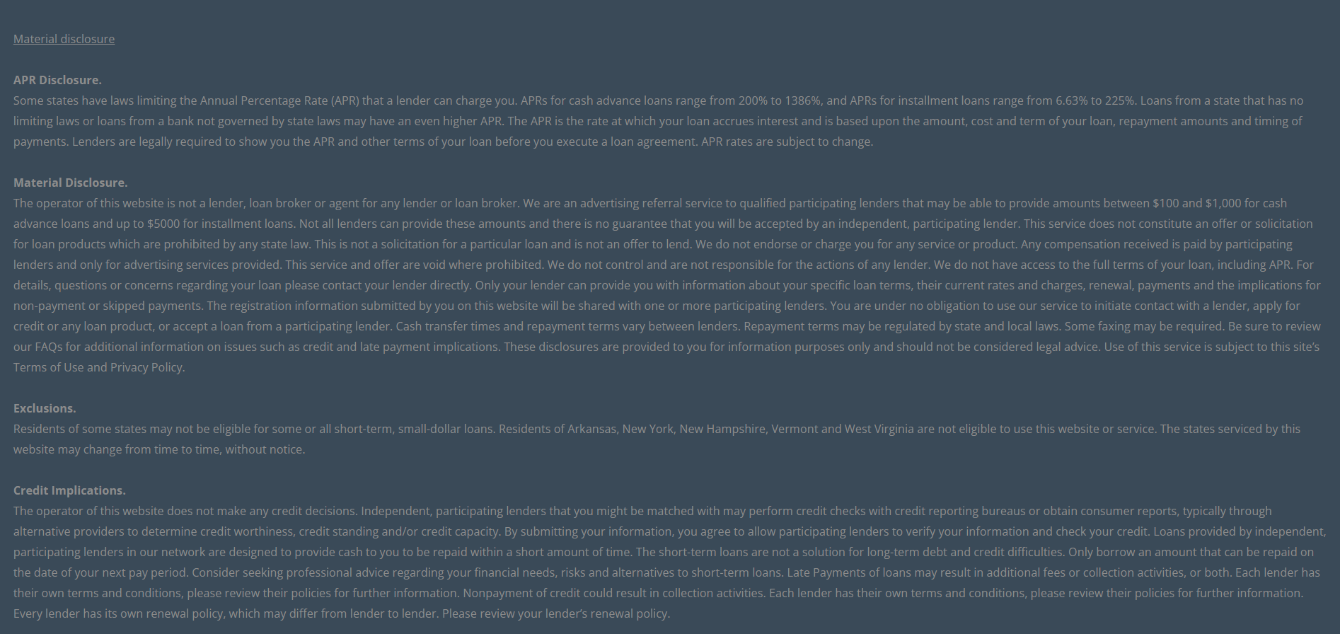 Material disclosure for payday loans in Odessa Texas